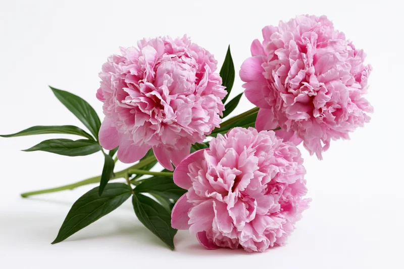 Three pink peony blooms on a single stem with green leaves arranged on white background