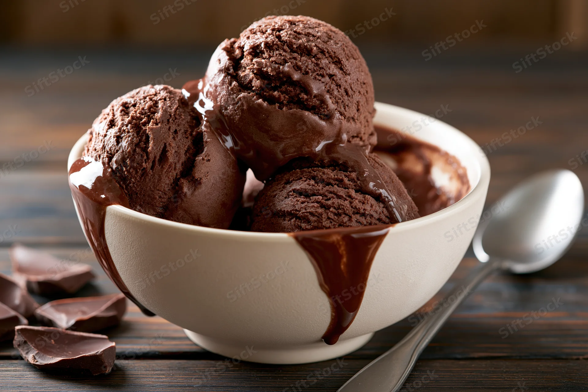 Three scoops of chocolate ice cream in a white ceramic bowl with chocolate sauce drizzling over the sides on a dark wooden table beside a spoon and chocolate chunks