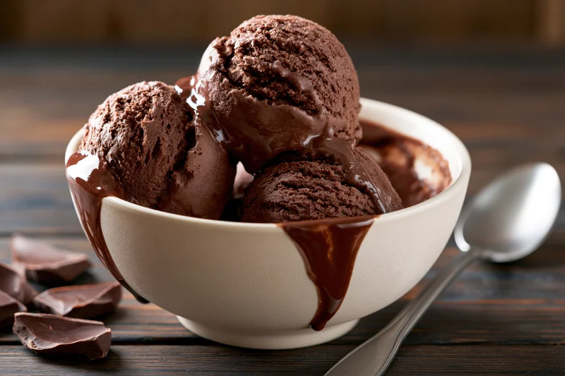 Three scoops of chocolate ice cream in a white ceramic bowl with chocolate sauce drizzling over the sides on a dark wooden table beside a spoon and chocolate chunks