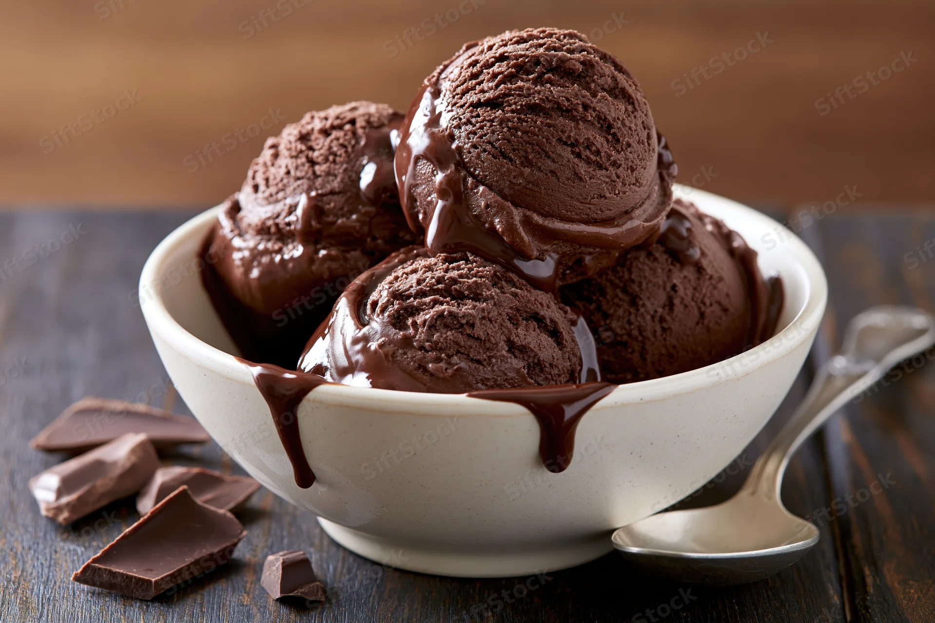 Three scoops of chocolate ice cream in a white ceramic bowl with chocolate sauce dripping over the sides on a dark wooden table