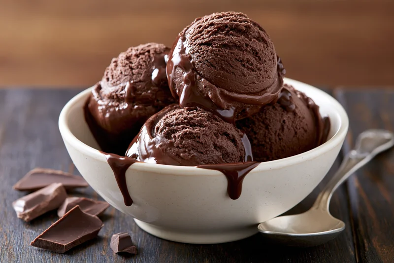 Three scoops of chocolate ice cream in a white ceramic bowl with chocolate sauce dripping over the sides on a dark wooden table