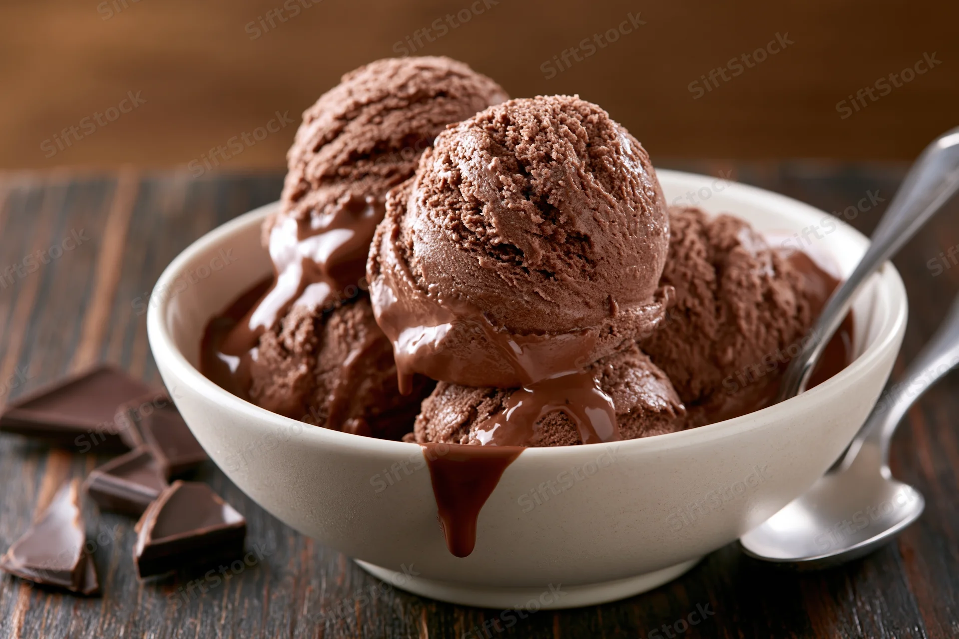 Chocolate ice cream scoops in a white ceramic bowl with chocolate sauce dripping, on a dark wooden table with broken chocolate pieces and a spoon beside it