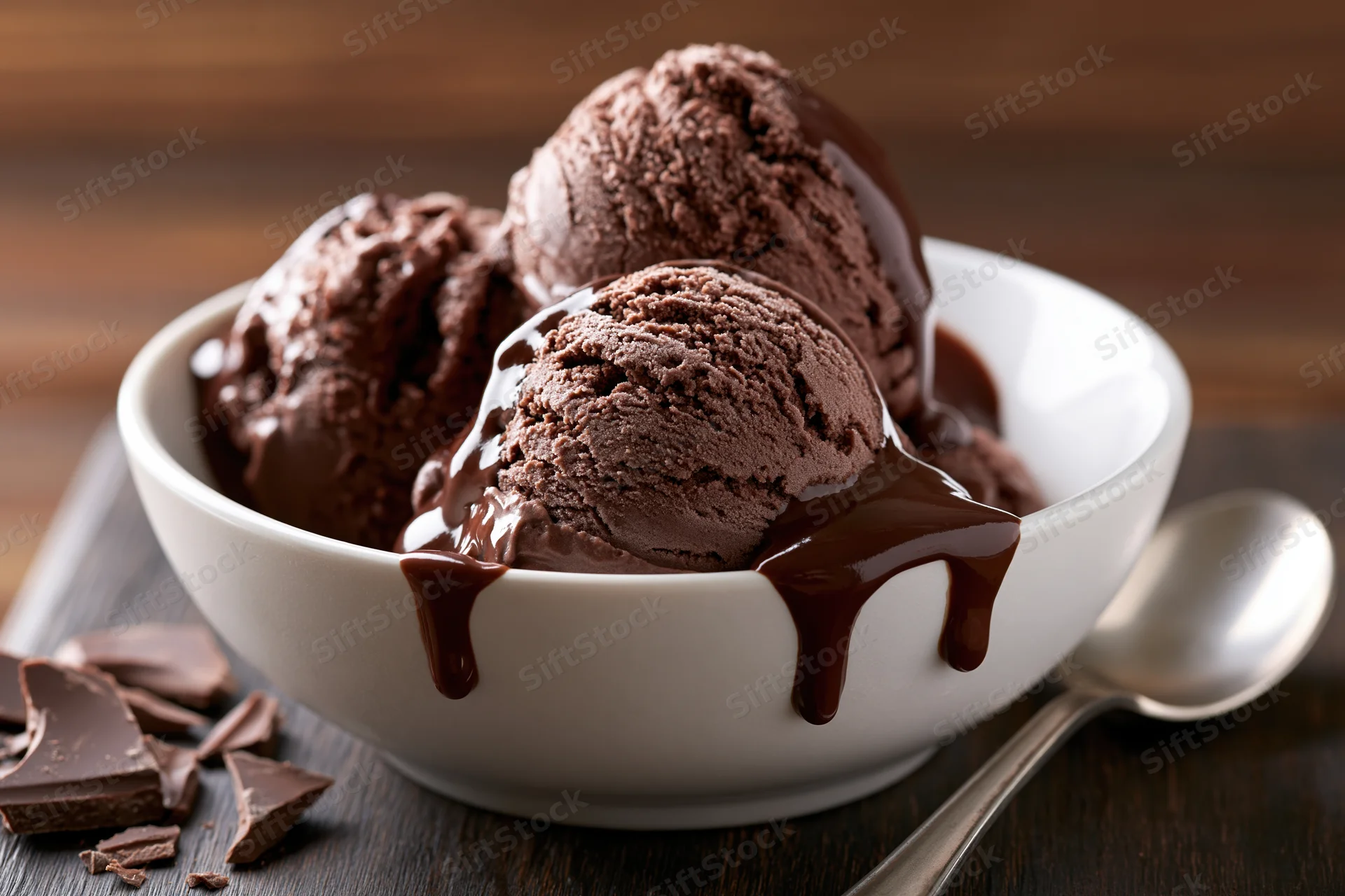 Three scoops of chocolate ice cream in a white bowl with chocolate syrup dripping over the sides on a dark wooden table beside a spoon and broken chocolate pieces