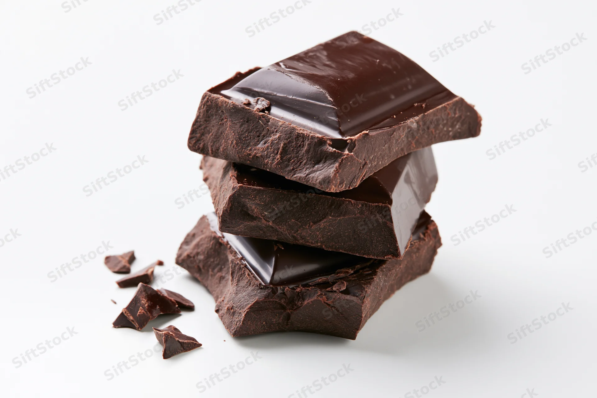 Stacked dark chocolate chunks with rough broken edges on white background