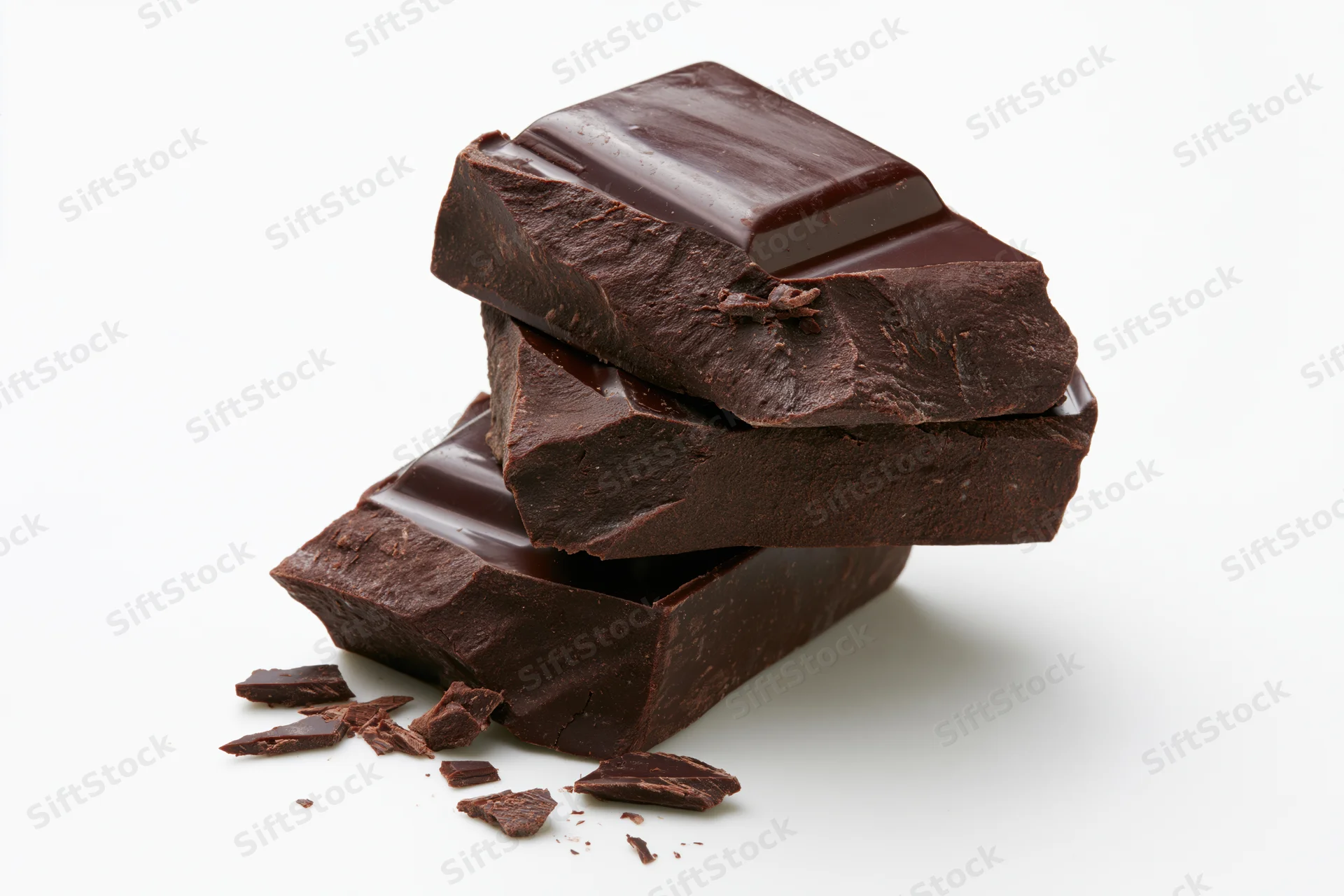 Stacked dark chocolate chunks with rough broken edges on white background
