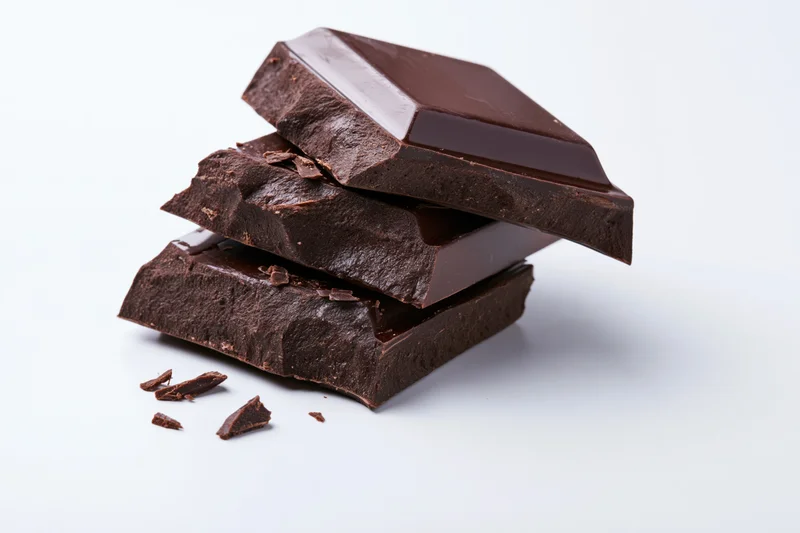 Stacked dark chocolate pieces with broken edges on white background