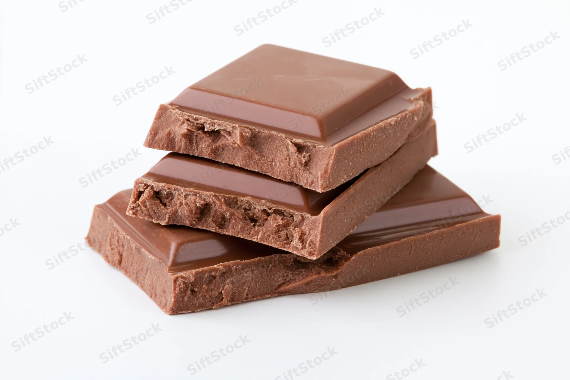 Stacked milk chocolate bar pieces arranged in a small pile on white background