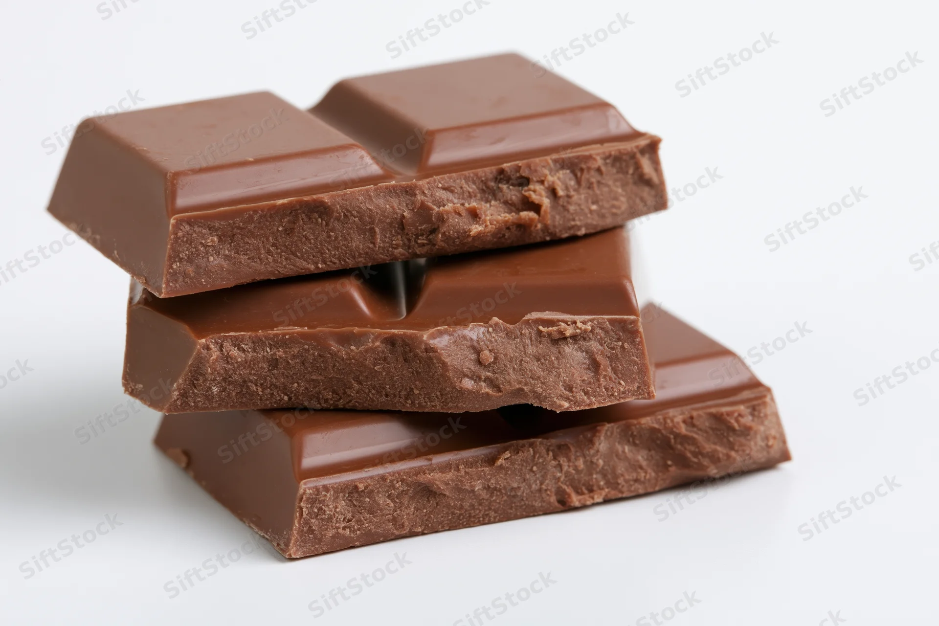 Three stacked milk chocolate bar pieces arranged in a small pile on a white surface