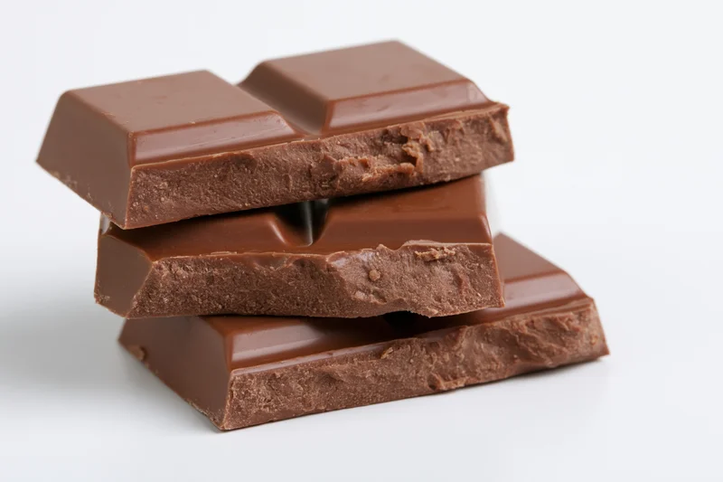 Three stacked milk chocolate bar pieces arranged in a small pile on a white surface