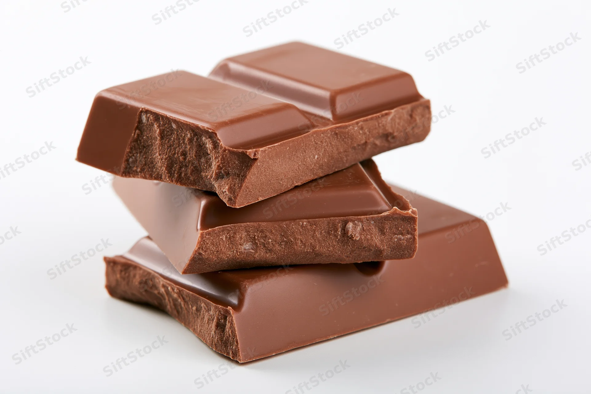 Stacked milk chocolate bar pieces on white background