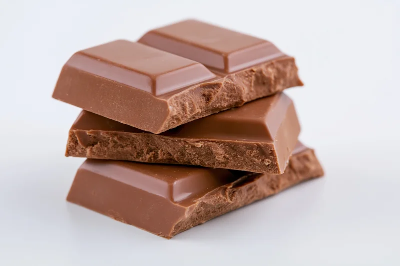 Stacked milk chocolate bar pieces on white background