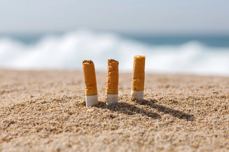 Three used cigarette butts stuck upright in dry beach sand with ocean waves in background