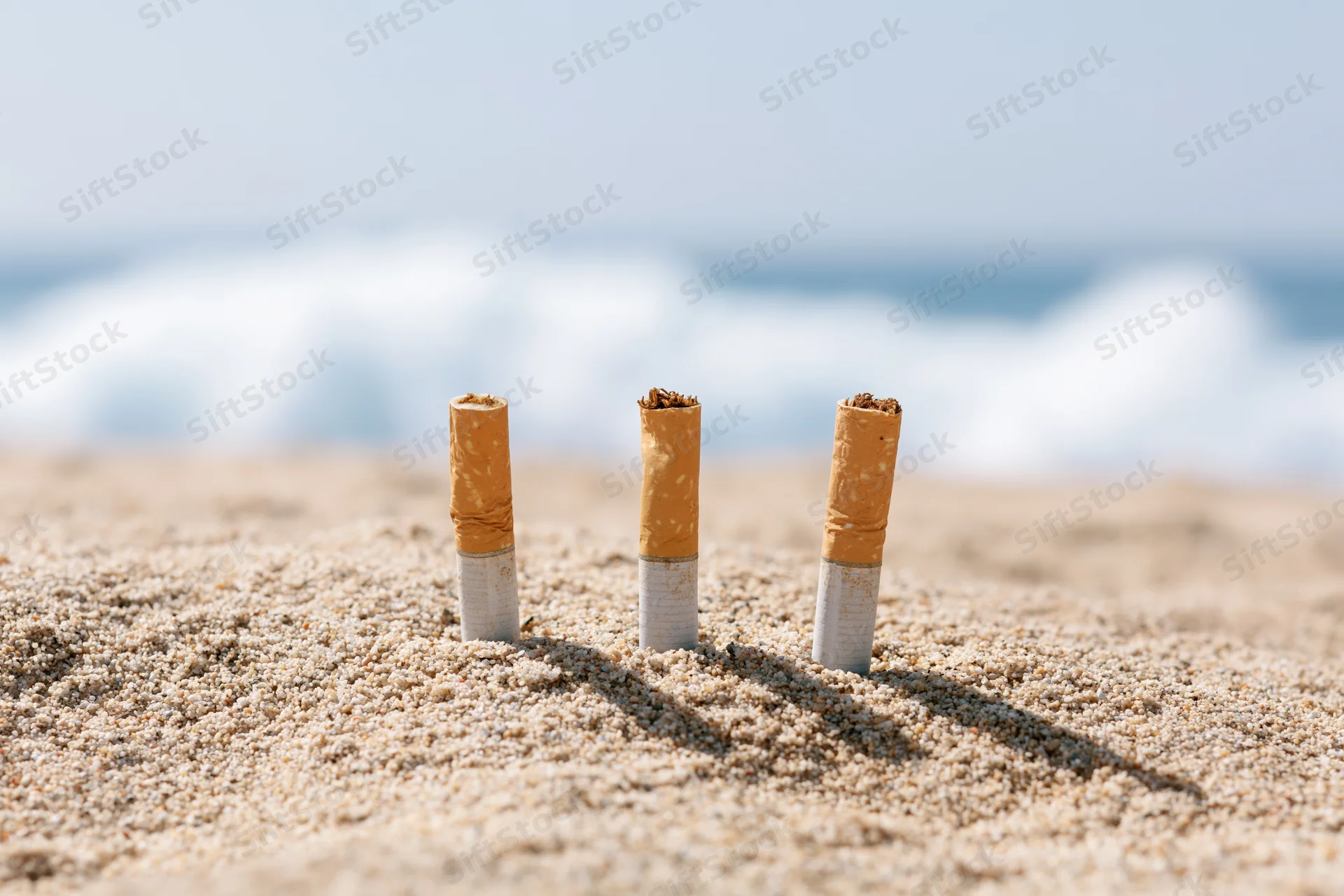 Three used cigarette butts stuck upright in dry beach sand with ocean waves in background