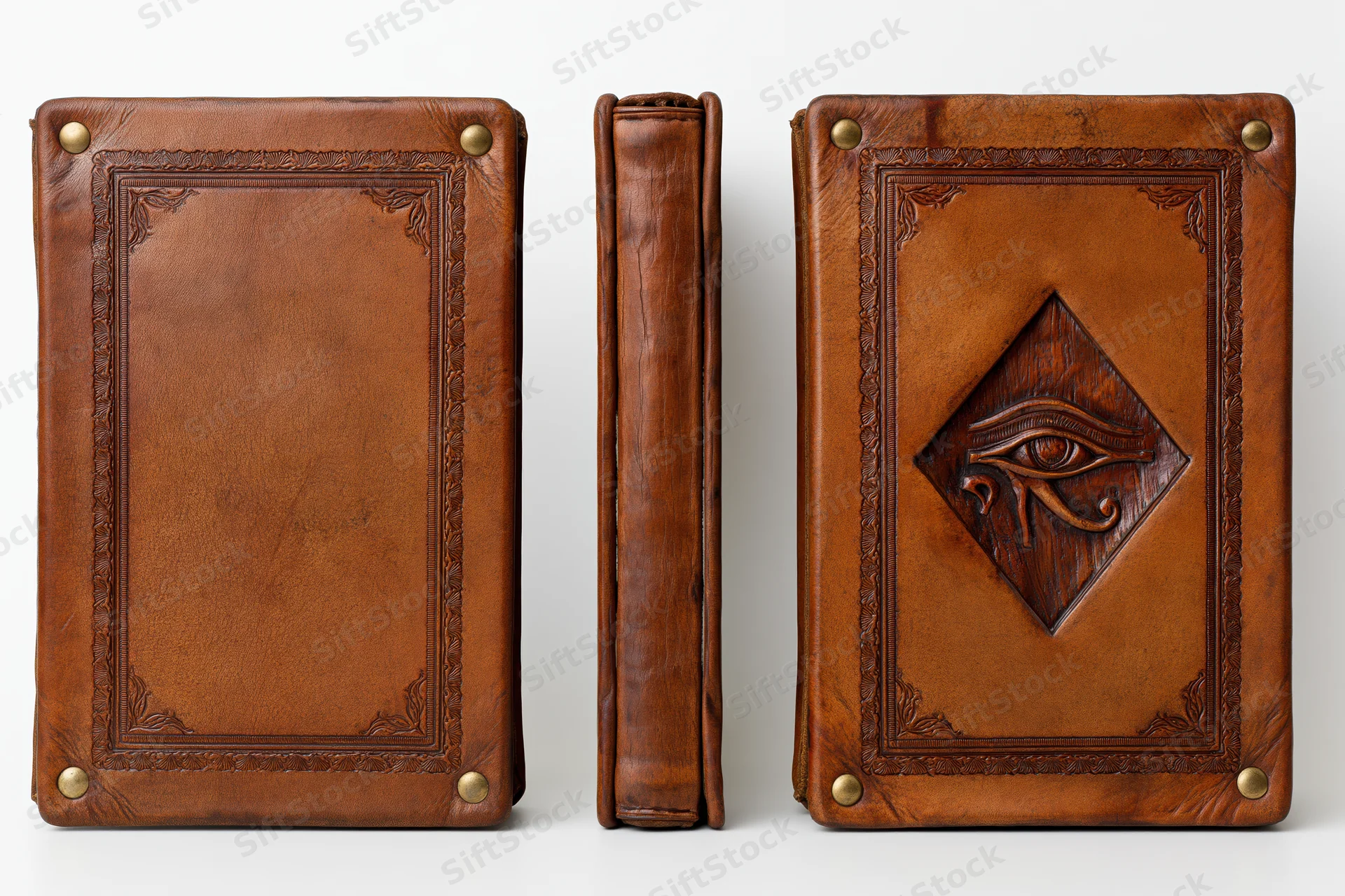 Antique leather-bound book with embossed eye symbol shown from front, spine, and back views against white background