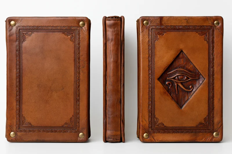 Antique leather-bound book with embossed eye symbol shown from front, spine, and back views against white background