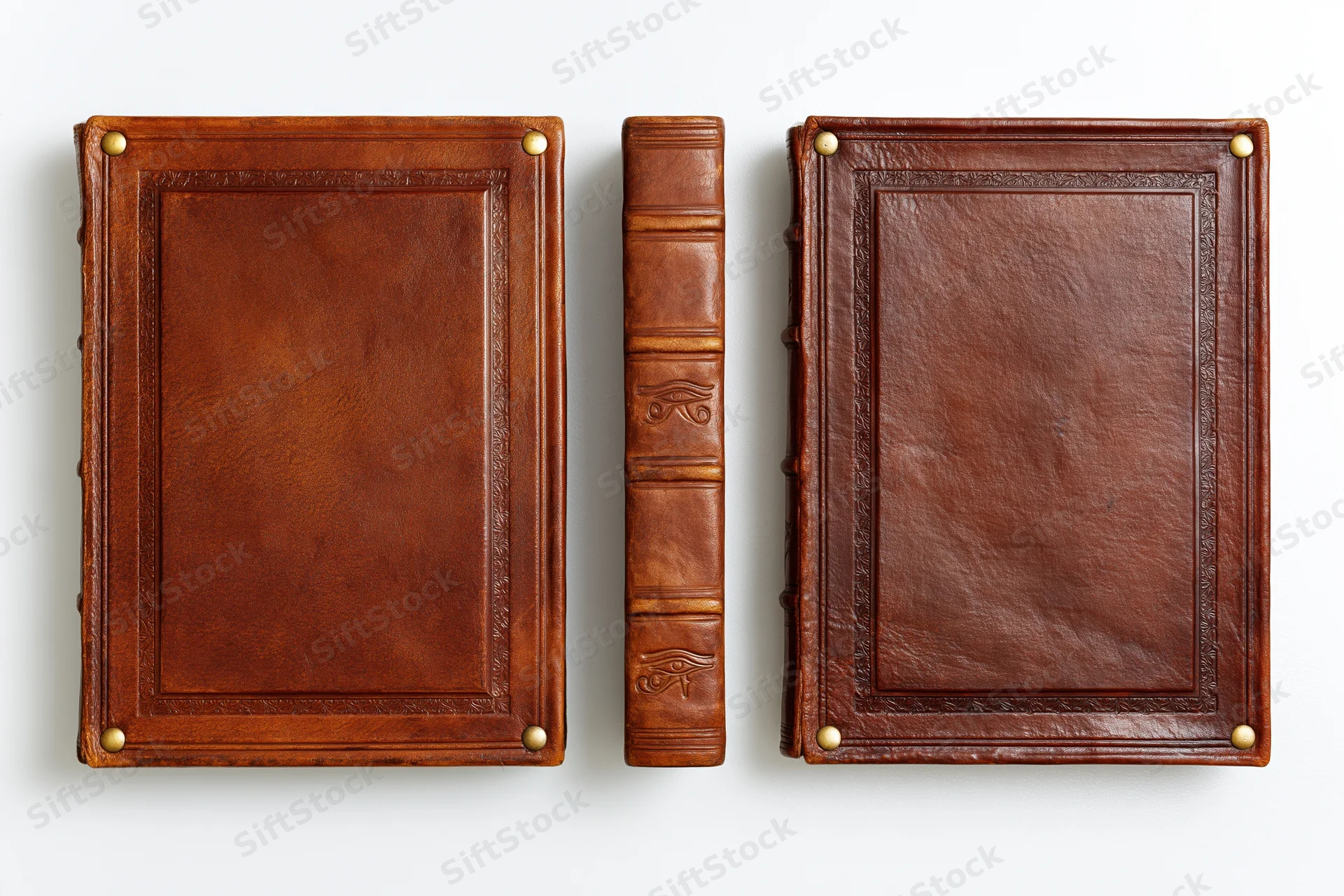 Three views of an antique leather-bound book showing front cover, spine, and back cover against white background