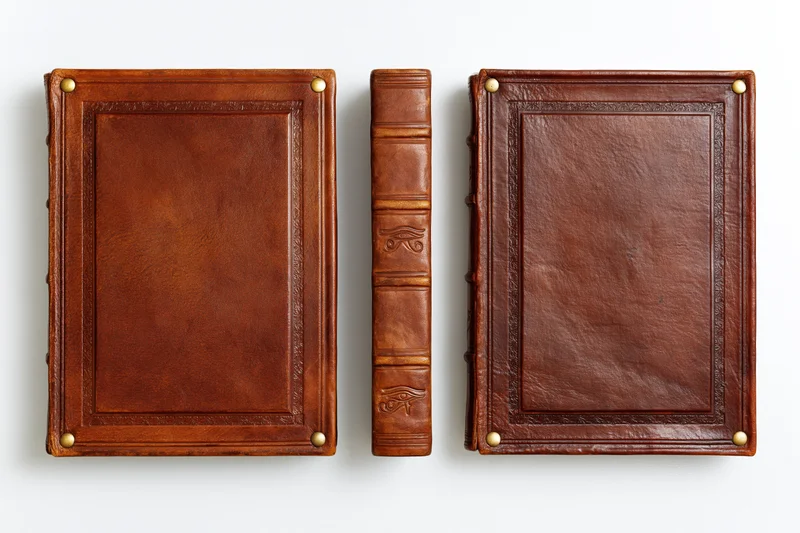 Three views of an antique leather-bound book showing front cover, spine, and back cover against white background