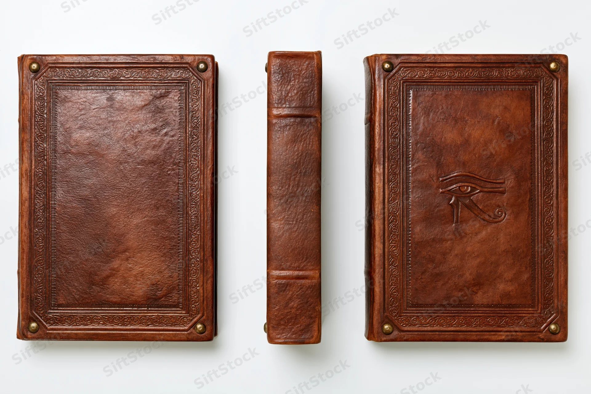 Antique leather-bound book shown from front, spine, and back with embossed eye symbol on white background