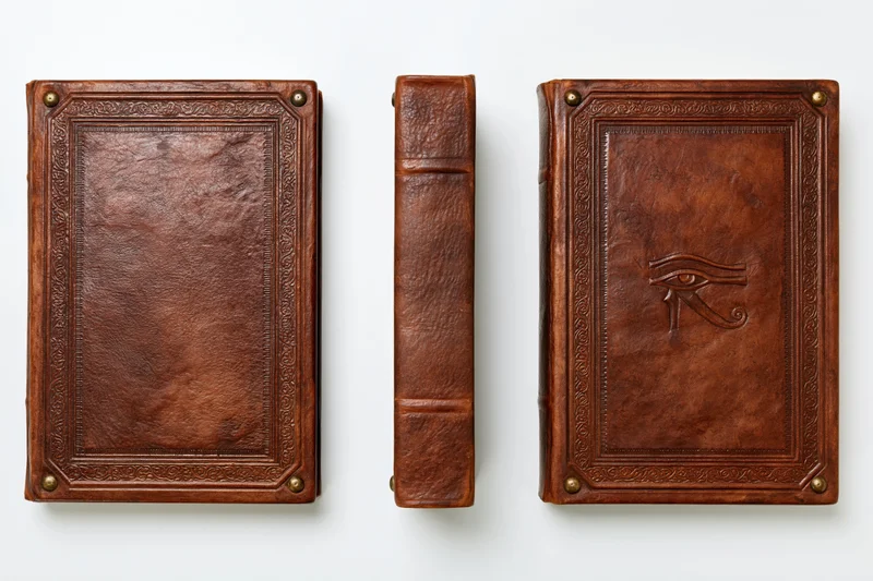 Antique leather-bound book shown from front, spine, and back with embossed eye symbol on white background