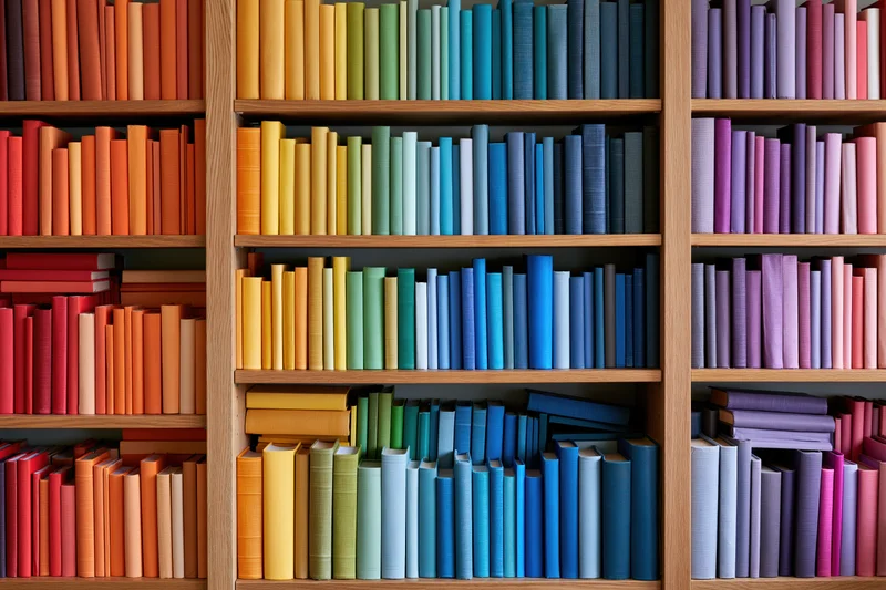 Wooden bookshelves filled with books arranged by color in a library interior