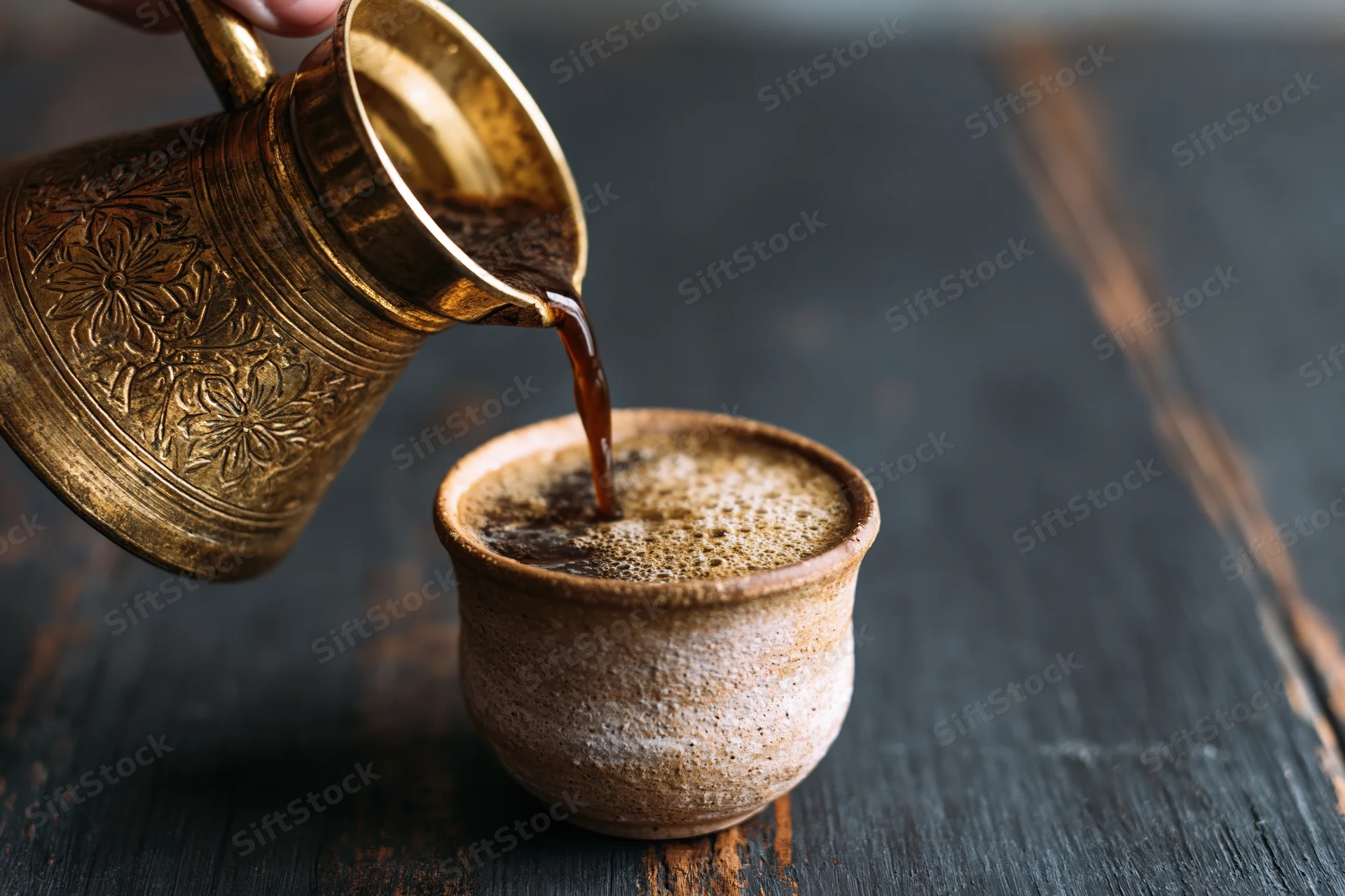 Turkish coffee being poured from an engraved brass cezve into a ceramic cup on a dark wooden table