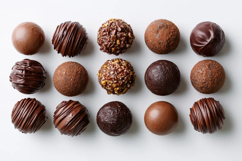 Twelve assorted chocolate truffles and pralines arranged in a grid on white background