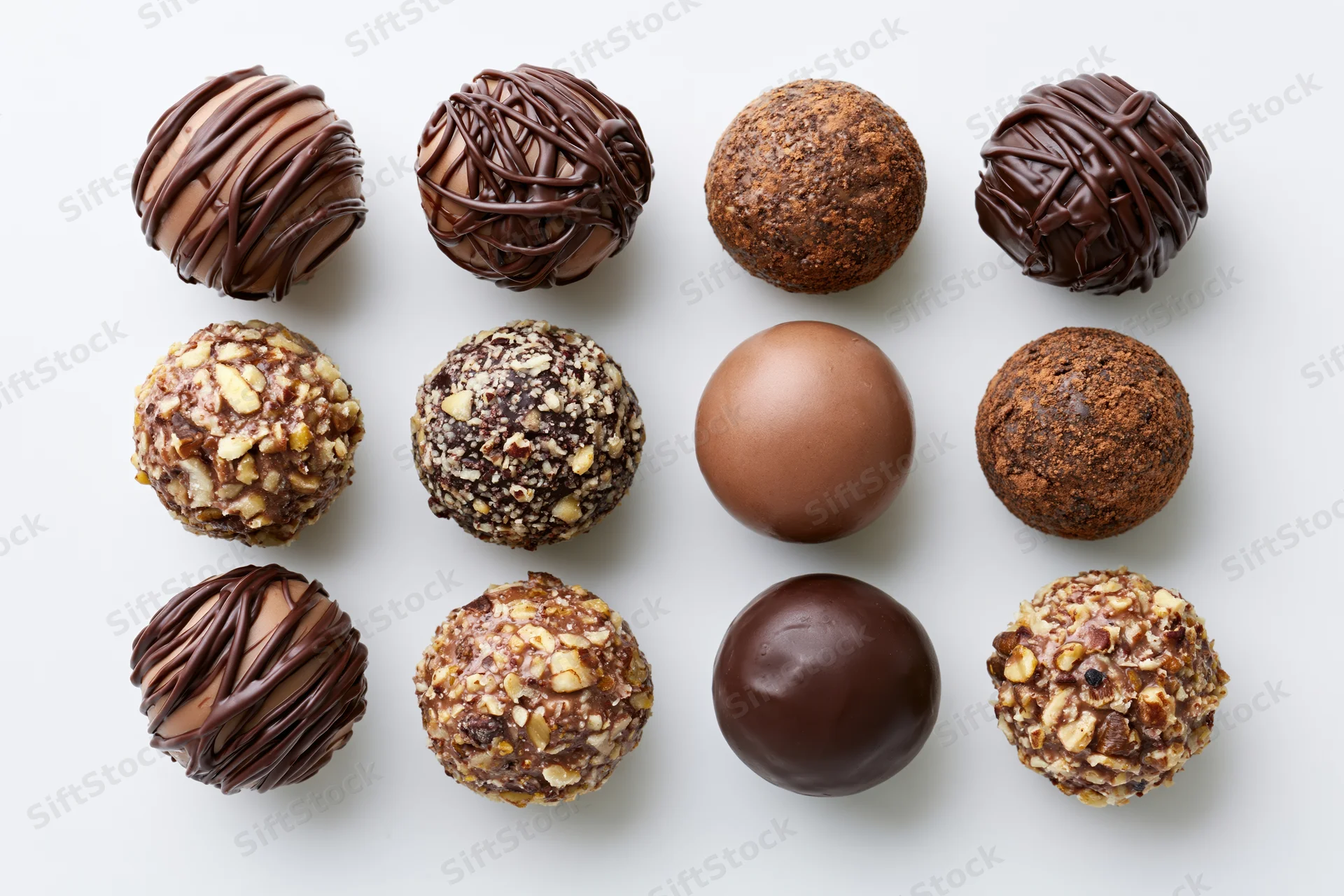 Twelve assorted chocolate truffles and pralines arranged in a grid on white background