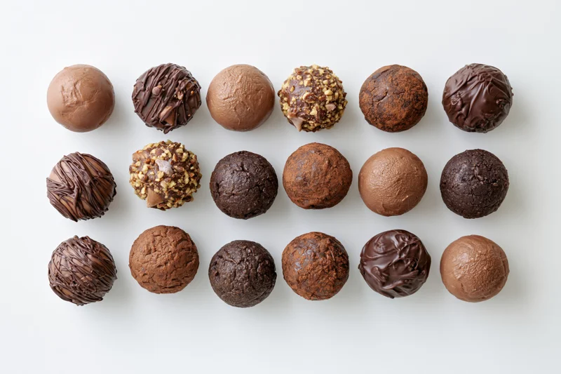 Assorted chocolate truffles and pralines arranged in a grid on white background