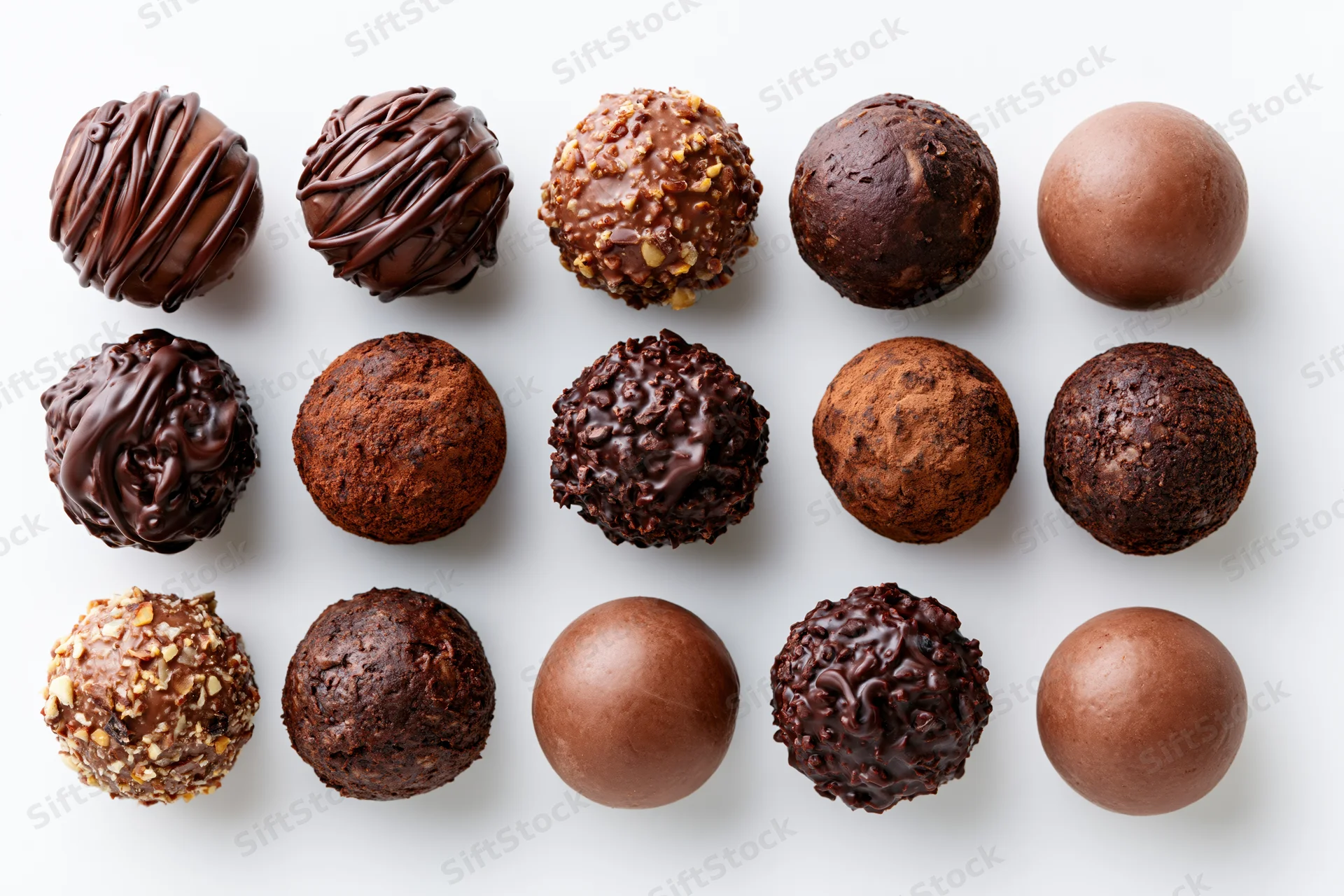 Twelve assorted chocolate truffles and pralines arranged in a grid on white background