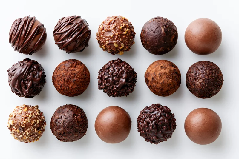 Twelve assorted chocolate truffles and pralines arranged in a grid on white background