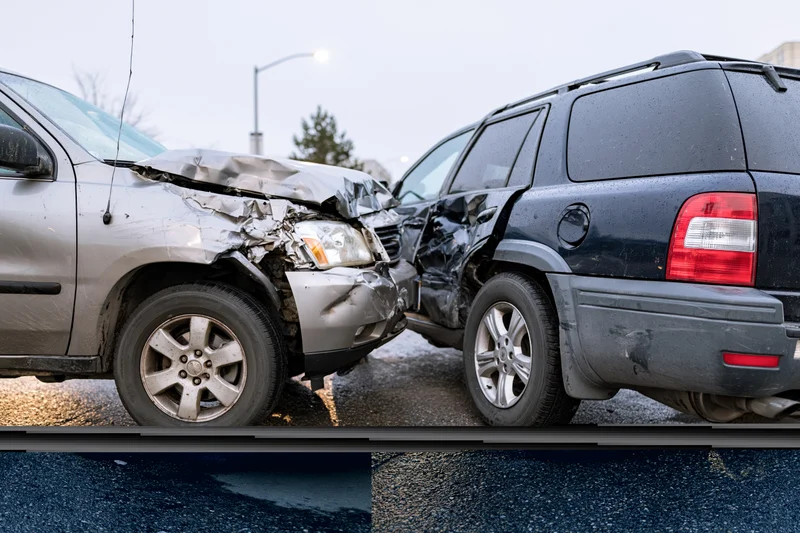 Two suvs in rear-end collision on wet urban road with visible damage to front and rear bumpers