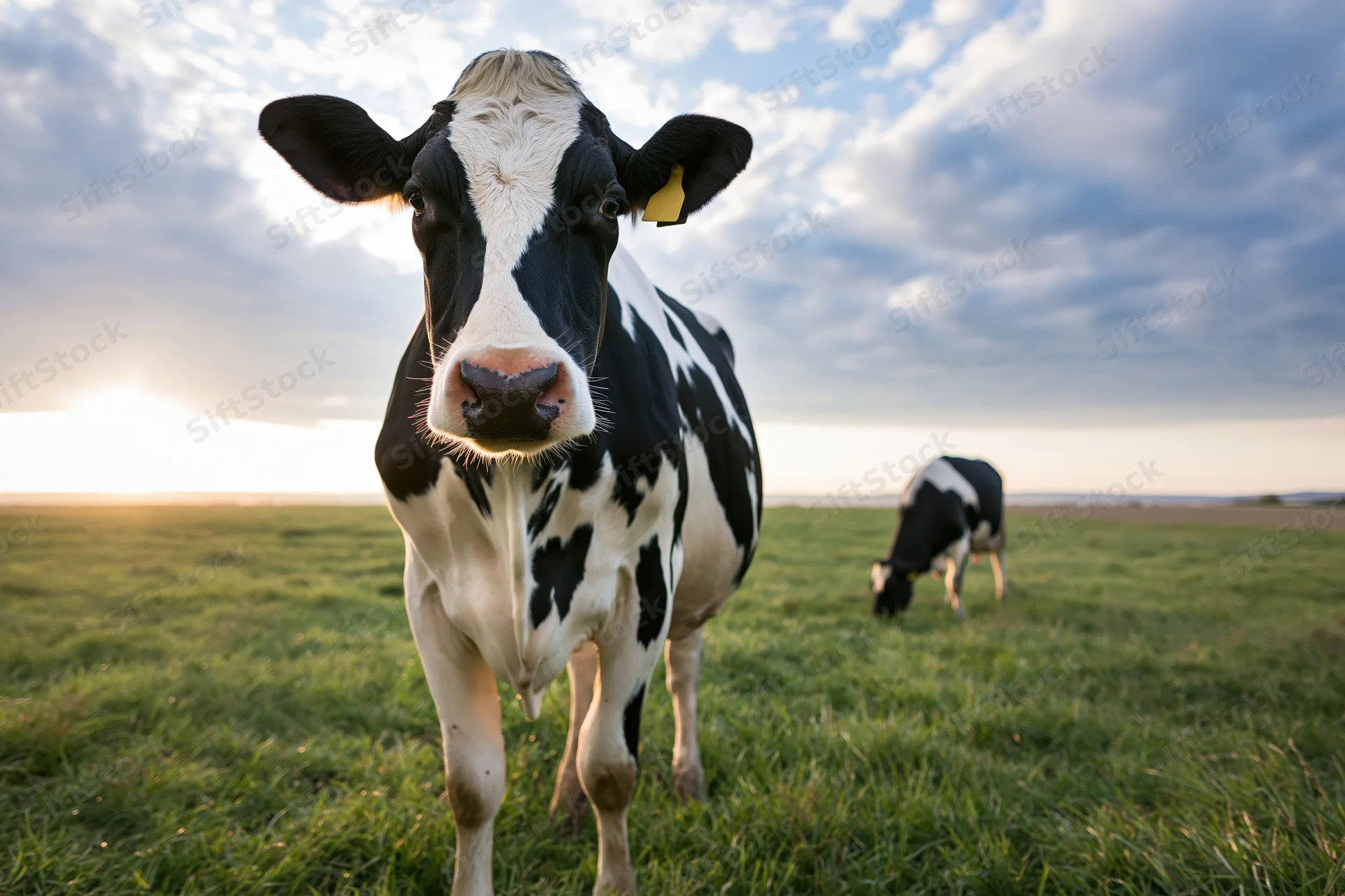 Holstein cow standing in a grassy field at sunset with another cow grazing in the background