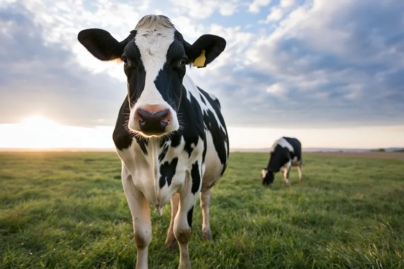 Holstein cow standing in a grassy field at sunset with another cow grazing in the background