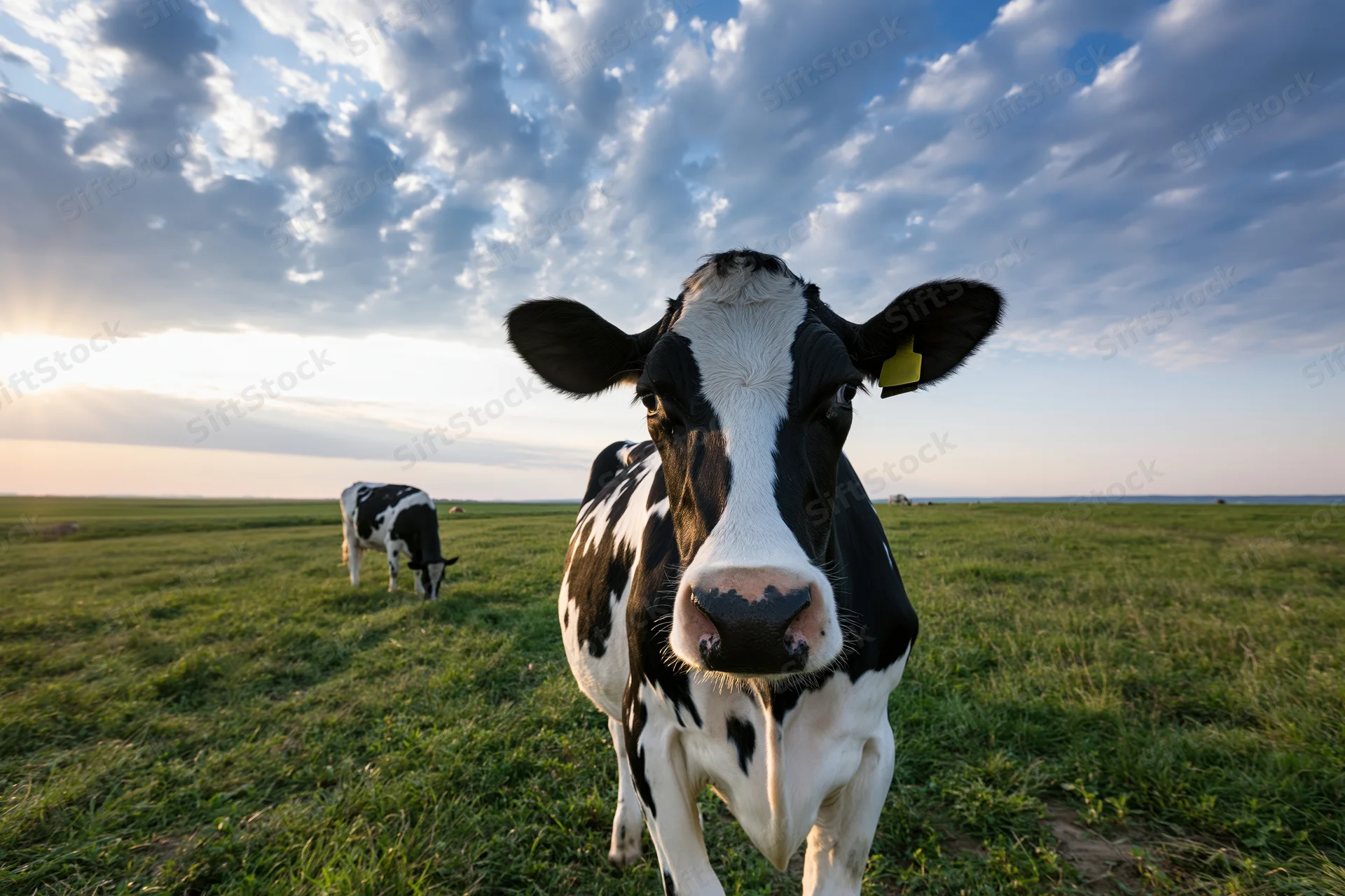Holstein cow standing in a grassy field at sunset with another cow grazing in the background