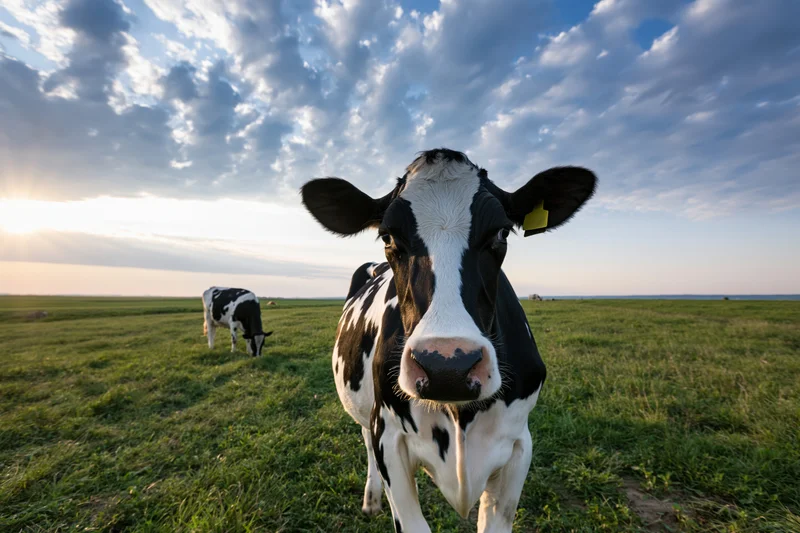 Holstein cow standing in a grassy field at sunset with another cow grazing in the background