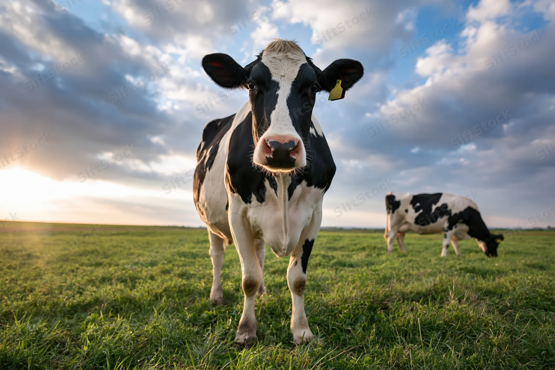 Holstein cow standing in a grassy field with another grazing in the background at sunset