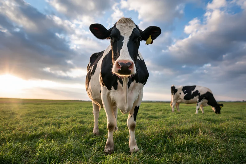 Two black-and-white Holstein dairy cows standing in a field