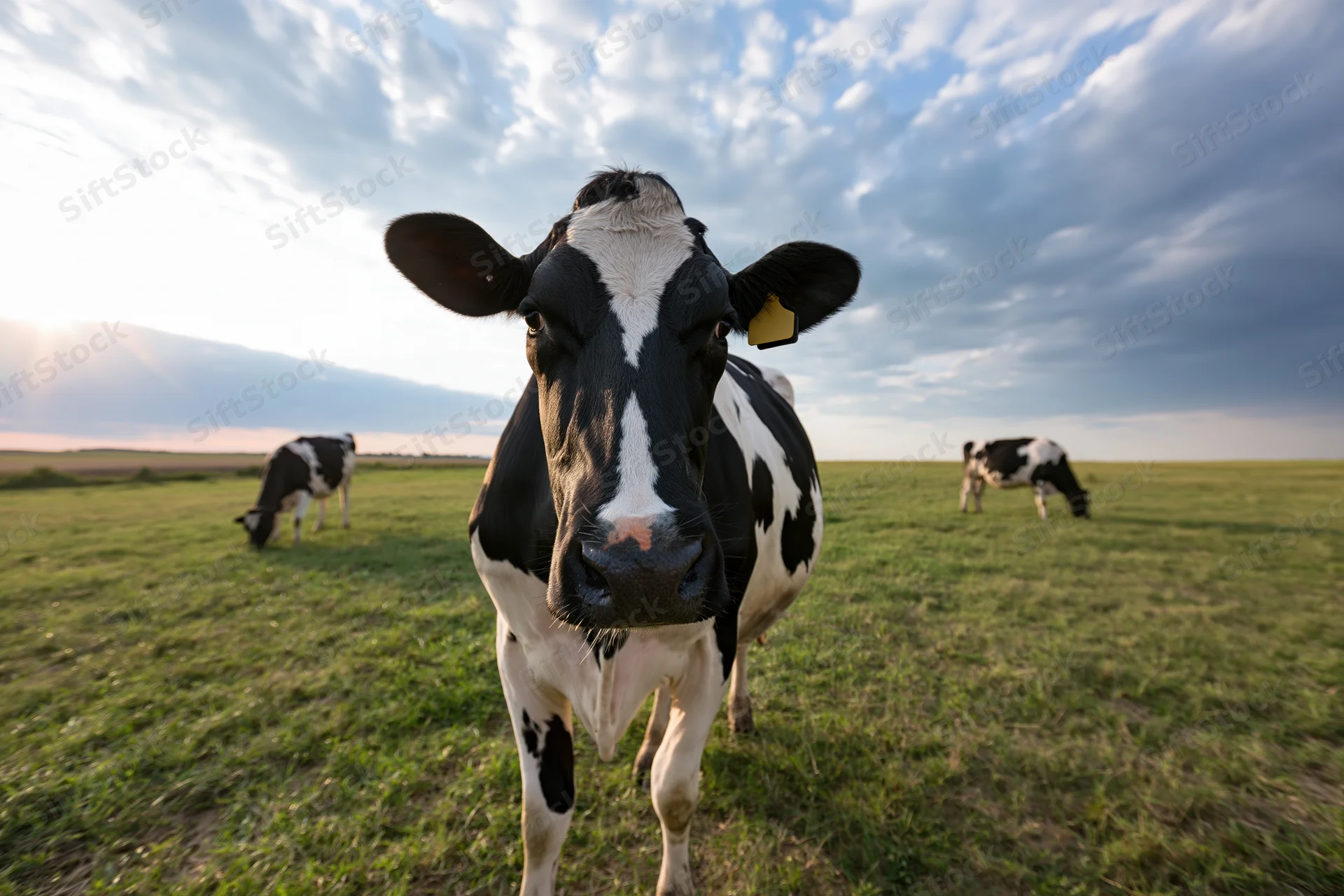Holstein cow standing in a grassy pasture with other cows grazing in the background under a cloudy sky at sunset