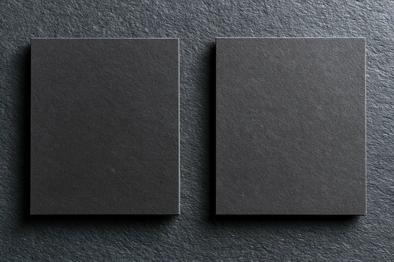 Two blank dark grey business cards lying flat side by side on textured surface