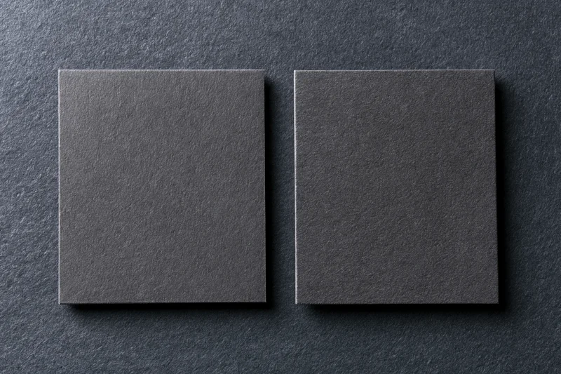 Two blank dark grey business cards lying flat side by side on a textured dark surface