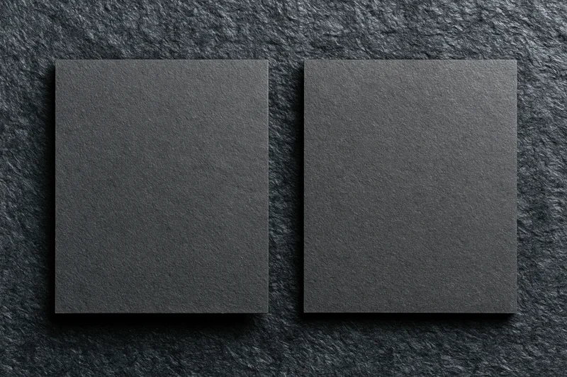 Two blank dark grey business cards lying flat side by side on a textured stone surface