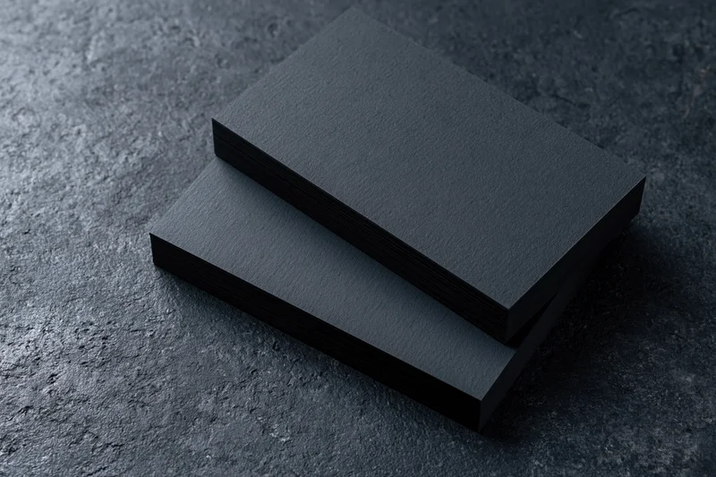Two blank matte black business cards stacked offset on a dark textured surface