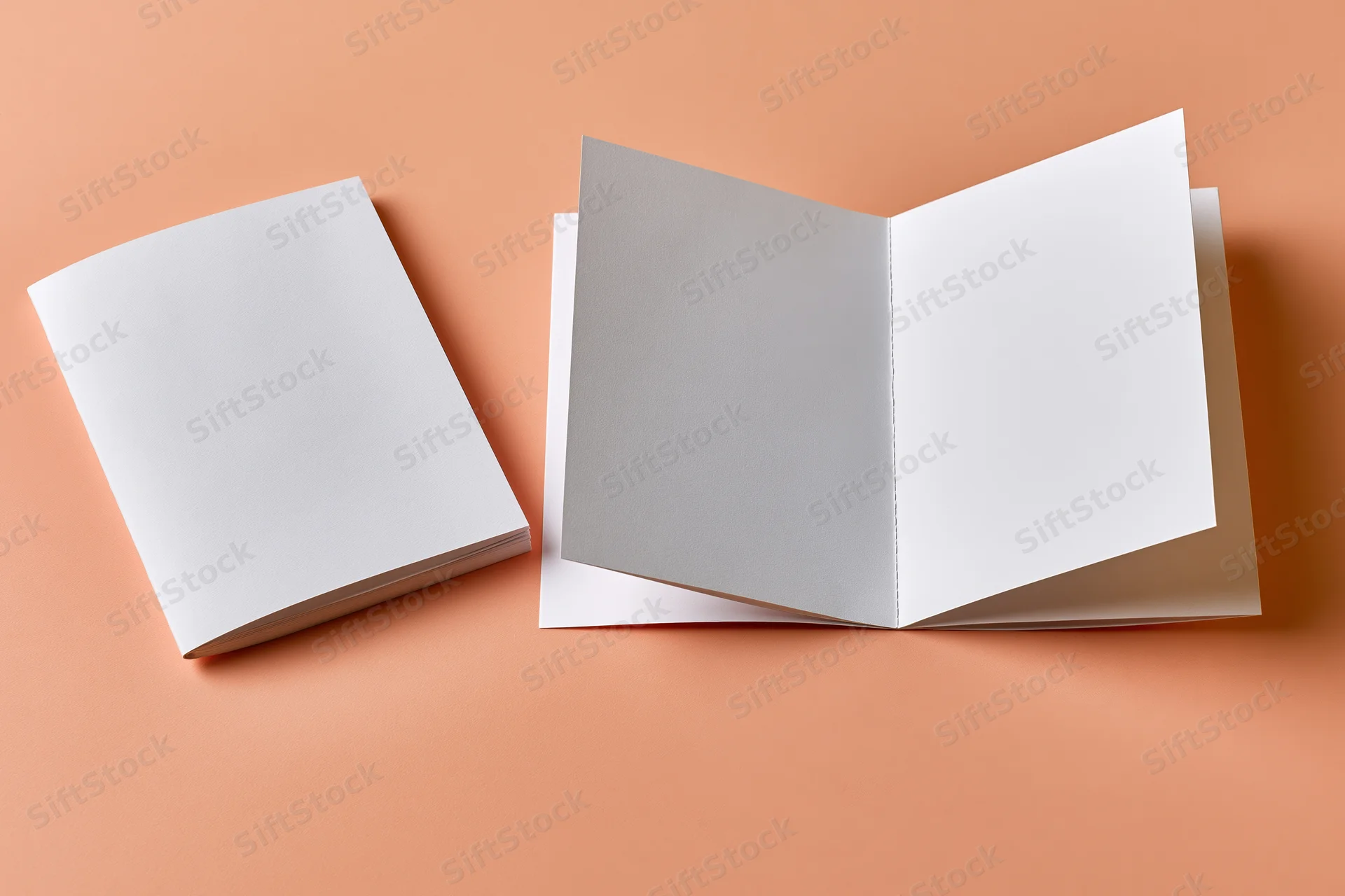 Two blank white bifold brochures, one open and one closed, on a flat peach-orange surface