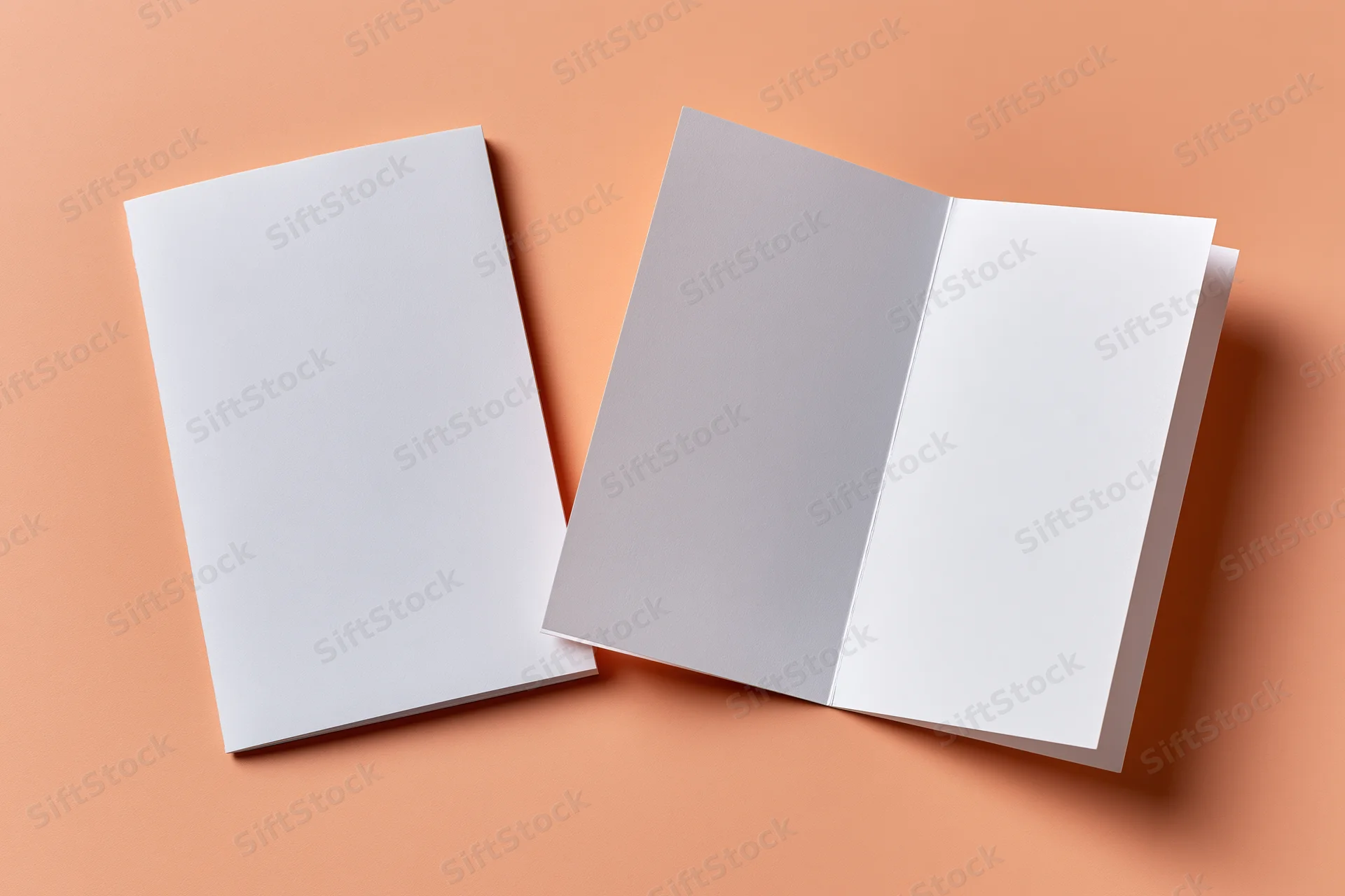 Two blank white bifold brochures lying flat on a peach-orange surface