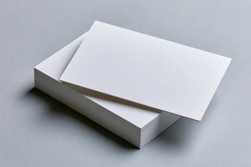 Stack of blank white business cards on gray surface with one card slightly offset