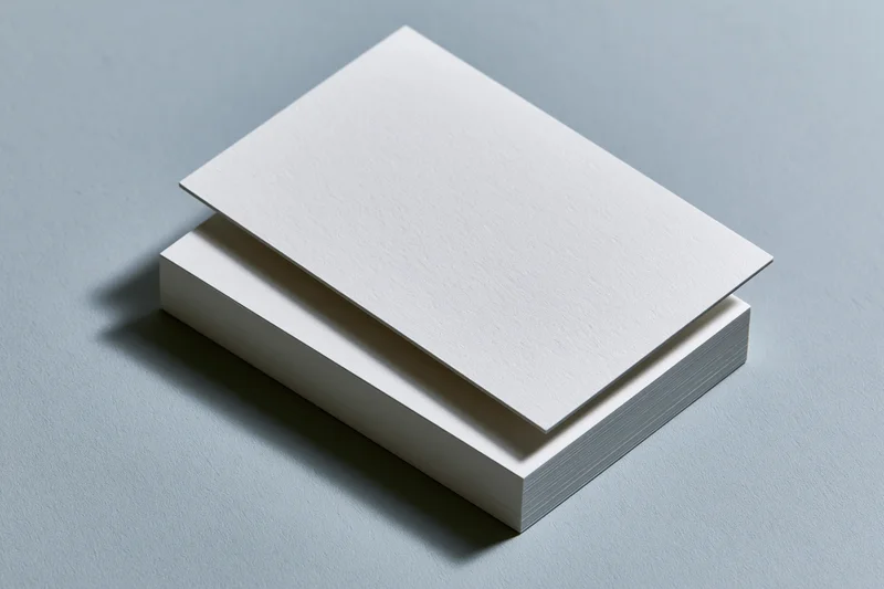 Stack of blank white business cards on gray surface with one card slightly offset for design mockup
