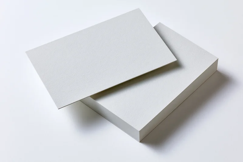 Two blank white business cards stacked at slight angle on white surface