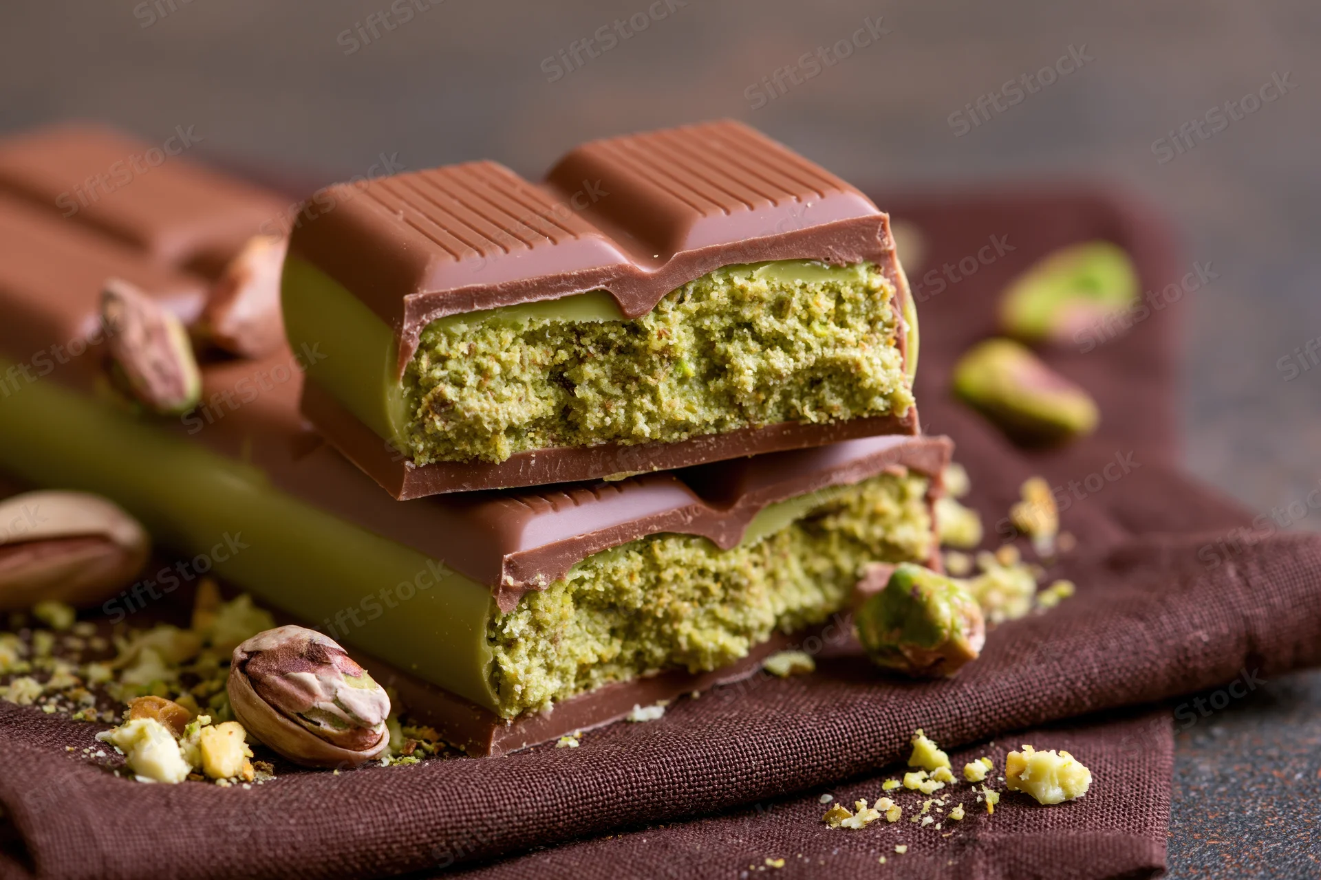 Broken pistachio-filled milk chocolate bar pieces stacked on a dark cloth with scattered nuts and crumbs