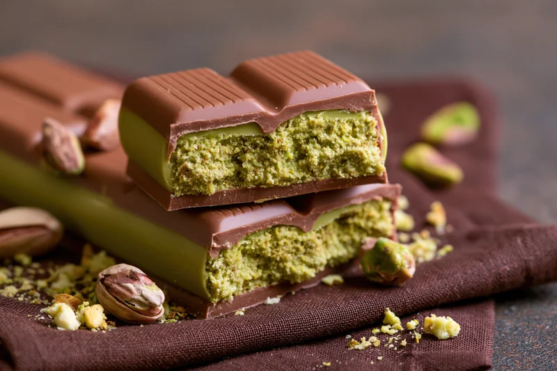 Broken pistachio-filled milk chocolate bar pieces stacked on a dark cloth with scattered nuts and crumbs