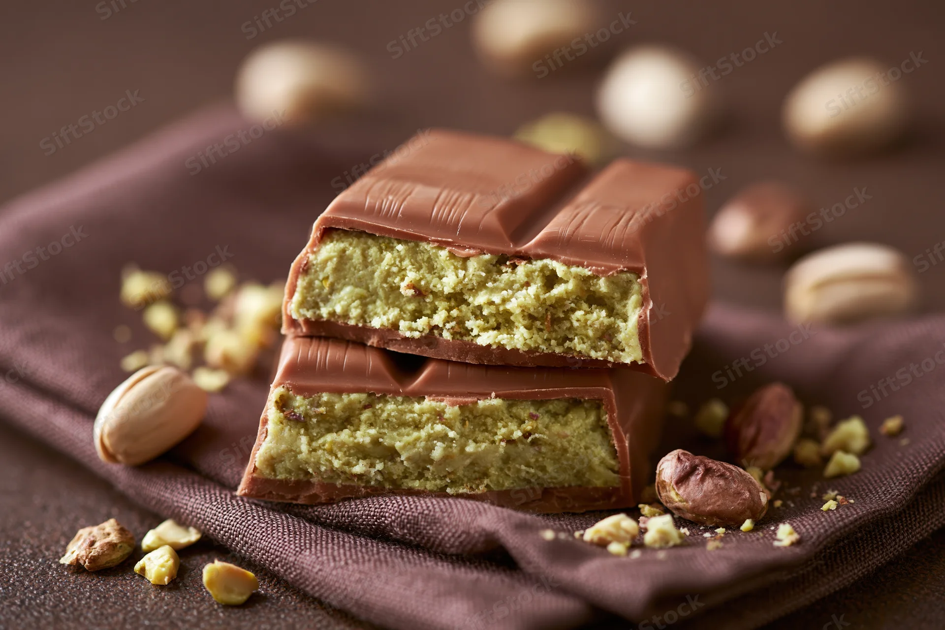 Two broken pieces of pistachio-filled milk chocolate bar stacked on a dark cloth with scattered nuts and crumbs